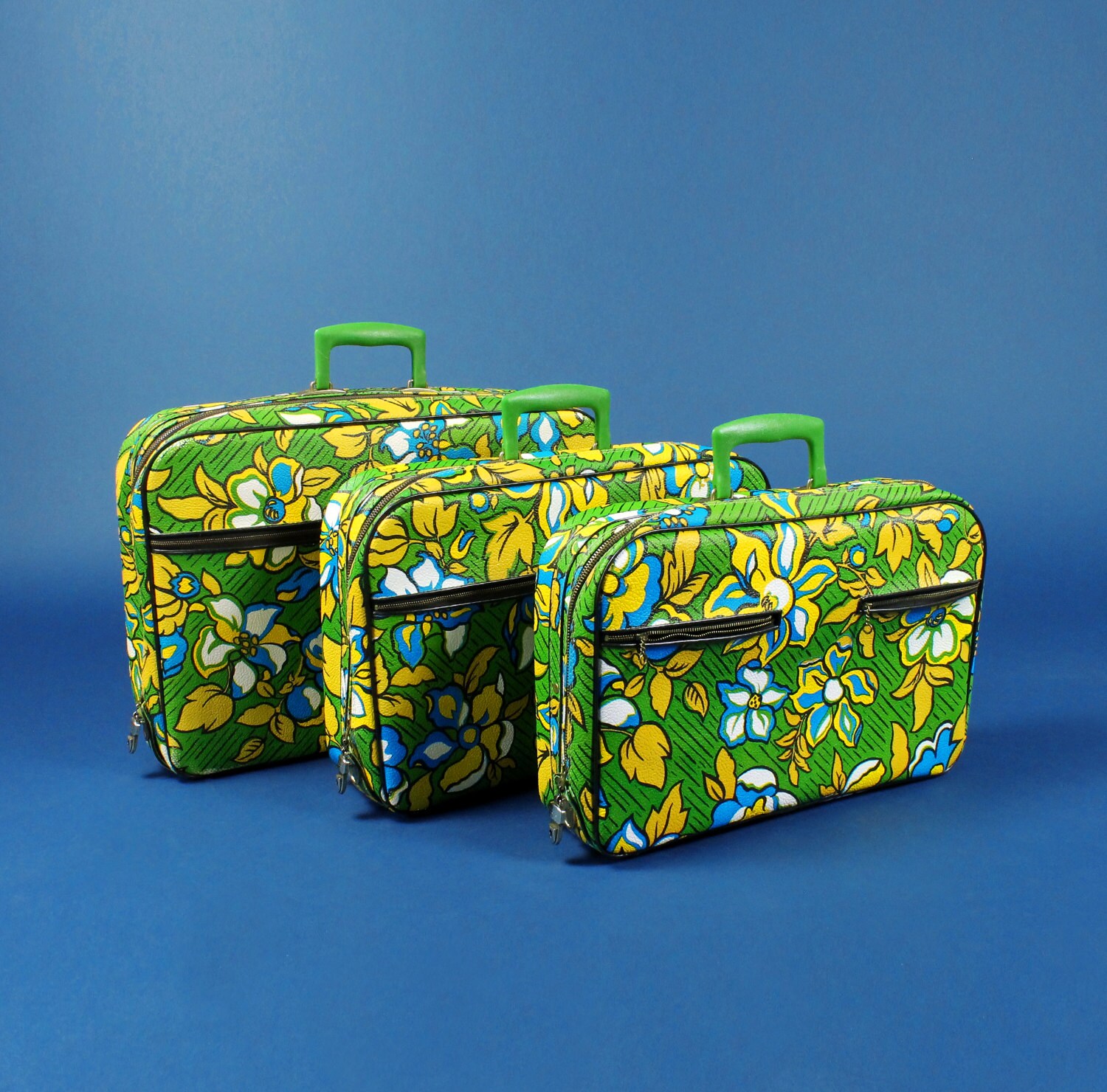 SALE Flower Luggage Set 1960s Green Floral Suitcase by A.D.