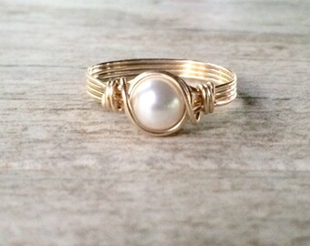 Pearl Ring, 14k Gold Filled Wire Wrapped Pearl Ring, Gold Filled Ring