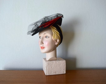 Vintage 1940s tilt hat . black 40s feather hat