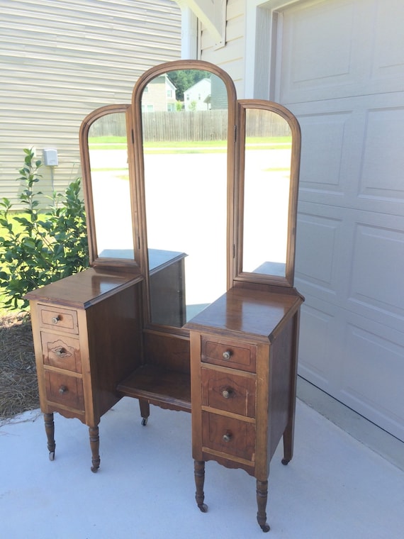 Sold-Vintage Dressing Table / Vanity W/ Tri-fold Mirror - Sold-Vintage Dressing Table / Vanity W/ Tri-fold Mirror