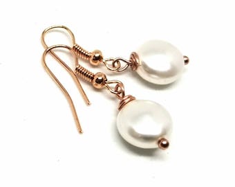 Handmade Bridal Rose Gold Swarovski Coin Pearl Earrings, Wedding Pearl Earrings, Bridal Pearl Earrings