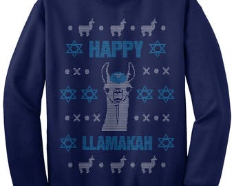 Happy Llamakah Llama Hanukkah Ugly Sweater Unisex Adult Crew Neck Sweatshirt