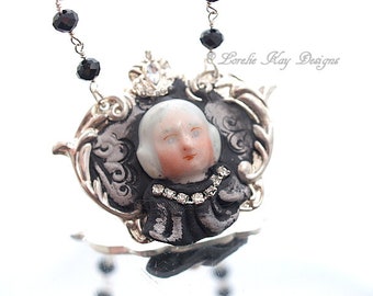 Tiny Princess Frozen Charlotte Necklace Miniature Doll Head Queen Pendant Lorelie Kay Original