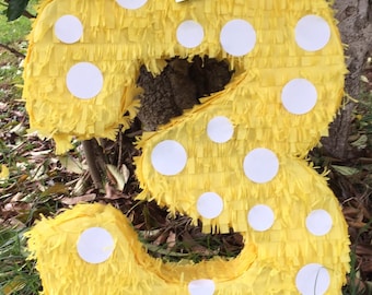 Large Yellow Number Three Pinata with White Polka Dots
