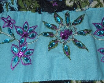 Embellished jean skirt midnight turquoise aqua dark blue sequins rhinestones ruffled tiered French bohemian Renaissance Denim Couture