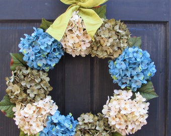 Summer Wreath for Front Door, Wreath for Summer, Hydrangea Wreath, Spring Wreath, Front Door Decor, Door Hanger, Blue Cream Green Wreath
