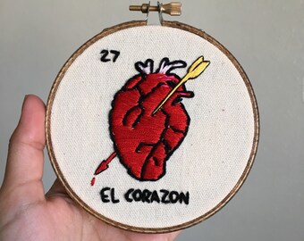 El Corazon loteria embroidery hoop wall art