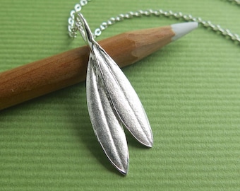 Double Olive Leaf Pendant - Pure Silver Real Leaf Pendant - Sterling Silver Chain