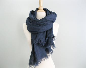 Linen Blanket Scarf, Simple Linen Scarf Wrap Linen, Rustic Linen Shawl, Casual Linen Wrap, Washed Linen Shawl, Navy Linen Scarf Women
