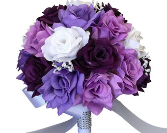 10" Wedding Bouquet - Purple, Lavender, and White Artificial Roses with Baby Breath Accents