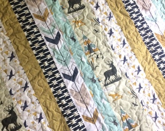 Baby Quilt Crib Quilt Crib Bedding Baby Boy Strip Style Quilt Deer Buck Tribal Aztec Navajo Gold Navy Mint Hunting Ducks