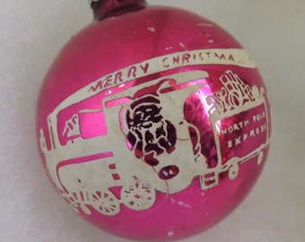 Vintage Shiny Brite Christmas pink stencil ornament Santa Claus train North Pole Express