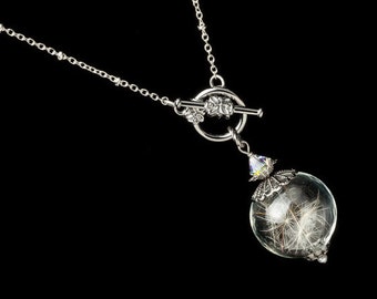 Wish Necklace in Glass Orb with Silver Filigree, Real Dandelion Seeds, Swarovski Crystal & Genuine Pearl, Wedding Jewelry, Gift For Her