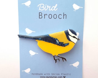 Bluetit Bird Shrink Plastic Brooch Pin