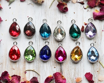 set of 12, birthstone charm, teardrop birthstone, large birthstone charm, glass charm, faceted charm, 20mm x 11mm