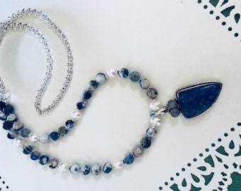 Lapis Lazuli & Moonstone pendant necklace, sodalite,pearl beads, silver chain