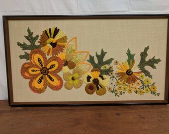 Oblong vintage crewel embroidery framed wall hanging