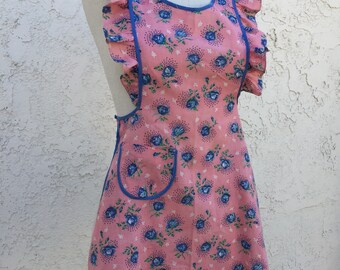 Vintage Apron, Full Bib 1930s, Feed Sack Apron, Pinafore, Pretty in Pink &Blue, Small