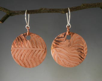 Fern Textured Copper Disc Earrings