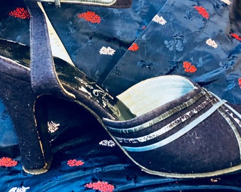 1940s Ankle Strap Heels Blue Wool and Leather Size 6 1/2M Sold AS IS