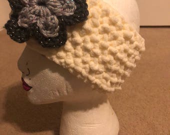 Ivory Super Soft Ear Warmer - Gray Flower