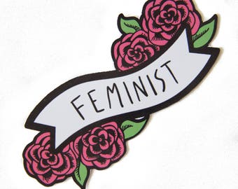 Feminist Vinyl Sticker for Car Bumper, Laptop - Cute Pink Banner with Roses Decal and Feminism Quote