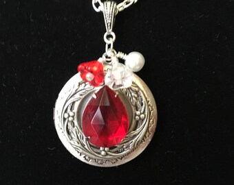 Ruby Red Siam Locket Necklace - Silver Locket with Ruby Crystal - Red and White Flower, White Pearl - July Birthstone - Valentine's Day