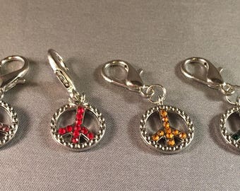 Stitch Markers-Set of 6 Rhinestone Rainbow Peace Sign Markers