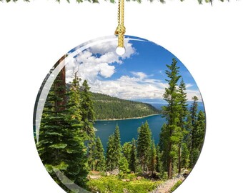 Lake Tahoe Christmas Ornament, Porcelain 2.75 Inch California Emerald Bay Lake Tahoe Christmas Ornaments