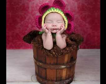 Newborn Flower Bonnet, Baby Flower Bonnet, Newborn Girl Crochet Hat, Baby Girl Crochet Photo Prop