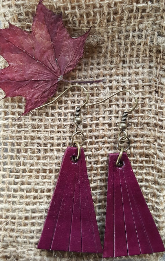 Lightweight Plum Leather Earring Set ~ Bronze Shepherd Hooks ~ Hand Dyed Earring Set Leather Jewelry w/ Burlap Storage Bag-Perfect Gift