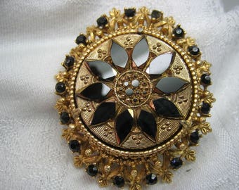 Vintage Large Florenza Black Onyx Stones Brooch