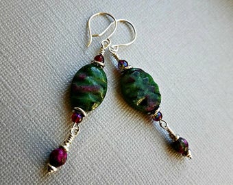 Carved ruby zoisite earrings with ruby fusionite beads//ruby zoisite earrings//green and purple stone earrings
