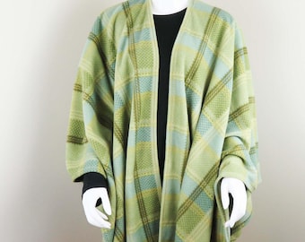 Green Plaid Cape - Fleece Ruana Shawl, Baby Wearing Wrap, Babywearing Jacket, Maternity Coat, Plus Size Fashions, One Size Fits All