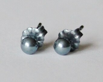 4mm blue Titanium ball earrings, Pure titanium, dainty titanium stud earrings, Hypoallergenic, Metallic gray blue studs, for sensitive ears