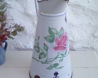 Vintage French enamel jug or pitcher. A lovely stencilled rose design.