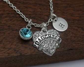 Daughter encrusted crystal heart necklace gift, daughter pendant necklace, daughter jewellery, personalised daughter gift, birthstone