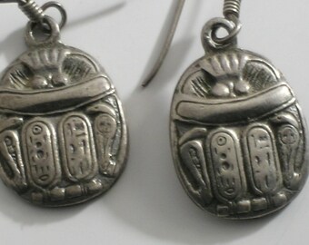 Egyptian Revival Sterling Silver Scarab Beetle Earrings #0273