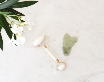 Jade facial tool set. Eastern skincare.Jade roller +jade gua sha beauty tools. anti-aging, circulation boosting, lymphatic draining, de-puff