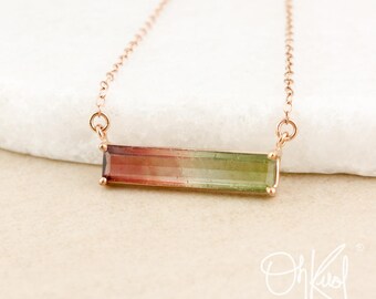 Rose Gold Watermelon Tourmaline Bar Necklace - Horizontal Bar Pendant - One of a Kind
