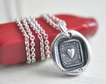 heart wax seal necklace … love - fine silver antique French wax seal jewelry