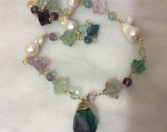 Fluorite and Keshi pearl necklace