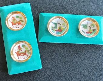 Set of 2 Vintage Oriental Wall Art Pictures Mounted Porcelain Dishes Chinese Motif