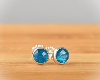 Neon Blue Apatite Earrings, Apatite Stud Earrings, Natural Gemstone Post earrings in Sterling Silver or 14k Gold Filled