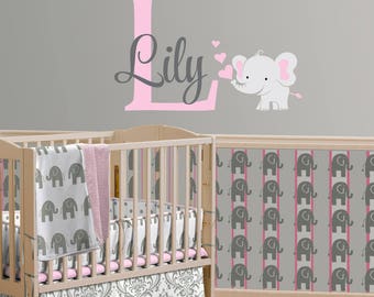 Elephant Custom Name Personalized Initial Vinyl Wall Decal Sticker for Nursery, Girl's Room or Playroom, Nursery Monogram