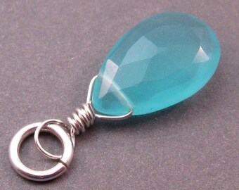 Aqua Blue Chalcedony Pendant, Aqua Chalcedony Dangle Charm, Sterling Silver Wire Wrapped Pendant, Interchangeable Pendant, Stones 10