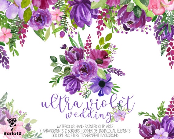 Ultra Violet watercolor flowers Wedding 2018 Flowers Clip