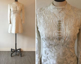 Faye 60s Dress| Vintage Ceil Chapman dress | 1960s silver and white brocade mini dress