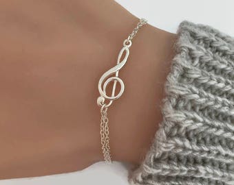 Adjustable Treble Clef Bracelet in Sterling Silver - Double Chain Treble Clef Bracelet