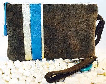 Suede lined taupe linen pouch